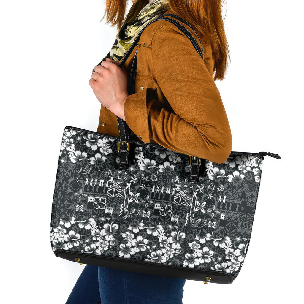 Black Hawaiian Tapa Tribal Hibiscus Leather Tote Bag