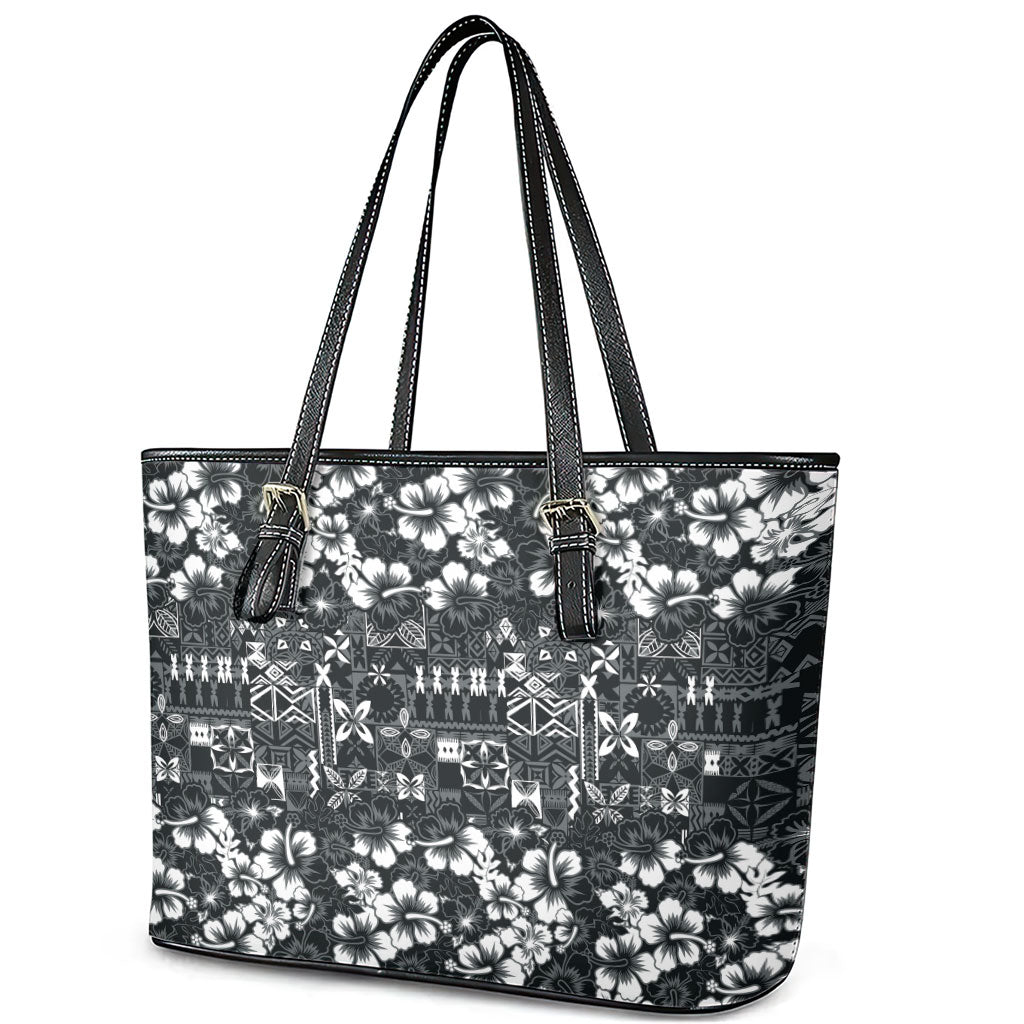 Black Hawaiian Tapa Tribal Hibiscus Leather Tote Bag