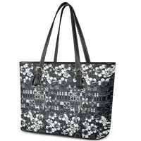 Black Hawaiian Tapa Tribal Hibiscus Leather Tote Bag