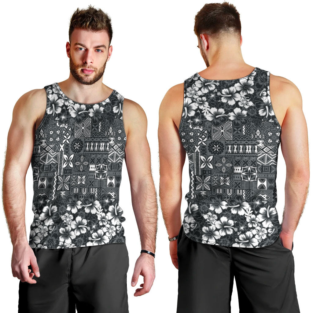 Black Hawaiian Tapa Tribal Hibiscus Men Tank Top