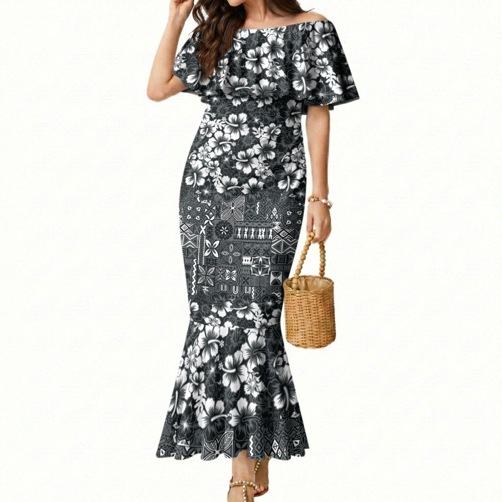 Black Hawaiian Tapa Tribal Hibiscus Mermaid Dress