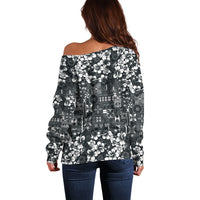Black Hawaiian Tapa Tribal Hibiscus Off Shoulder Sweater