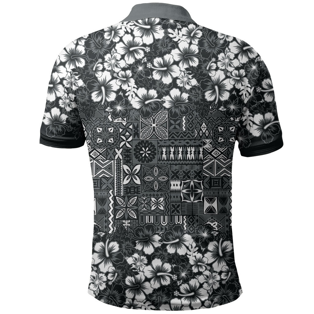 Black Hawaiian Tapa Tribal Hibiscus Polo Shirt