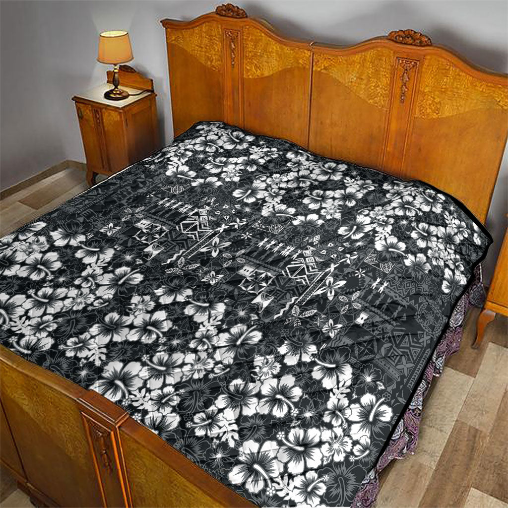 Black Hawaiian Tapa Tribal Hibiscus Quilt