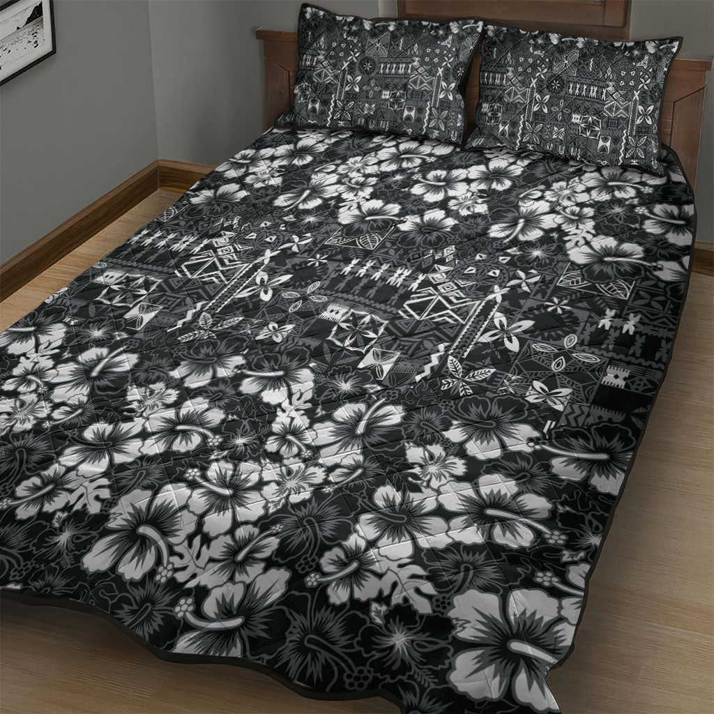 Black Hawaiian Tapa Tribal Hibiscus Quilt Bed Set