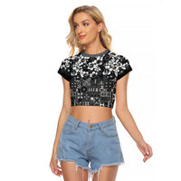 Black Hawaiian Tapa Tribal Hibiscus Raglan Cropped T Shirt