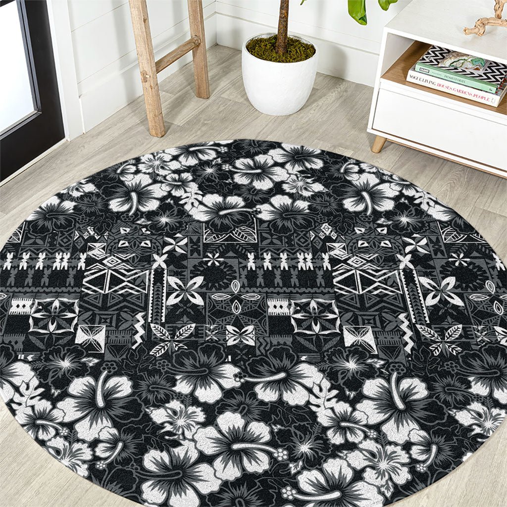 Black Hawaiian Tapa Tribal Hibiscus Round Carpet