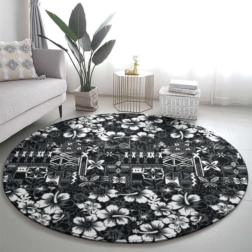 Black Hawaiian Tapa Tribal Hibiscus Round Carpet
