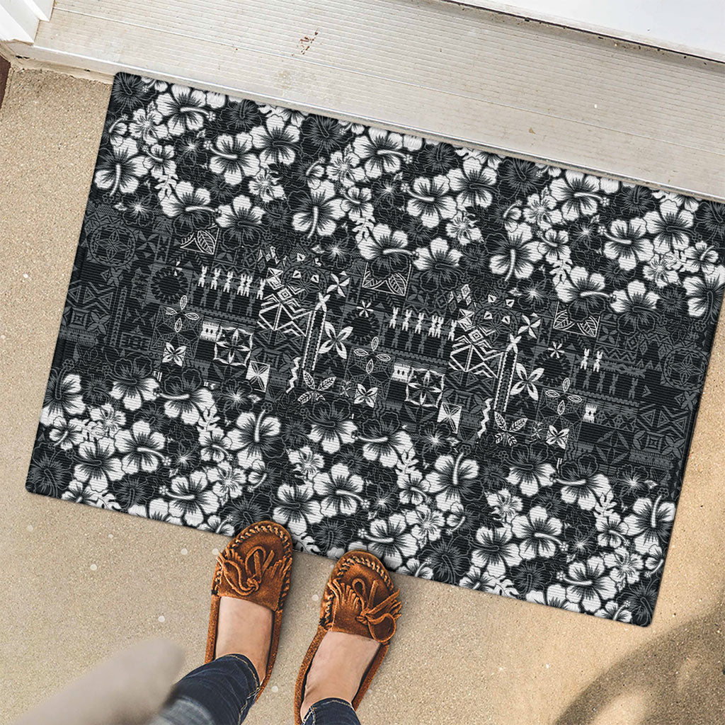 Black Hawaiian Tapa Tribal Hibiscus Rubber Doormat