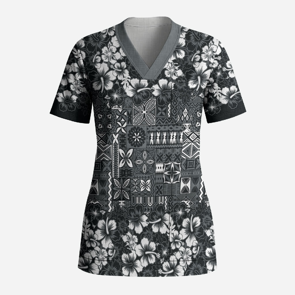 Black Hawaiian Tapa Tribal Hibiscus Scrub Top