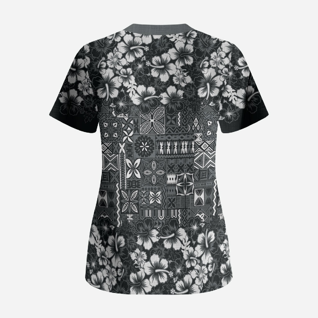 Black Hawaiian Tapa Tribal Hibiscus Scrub Top