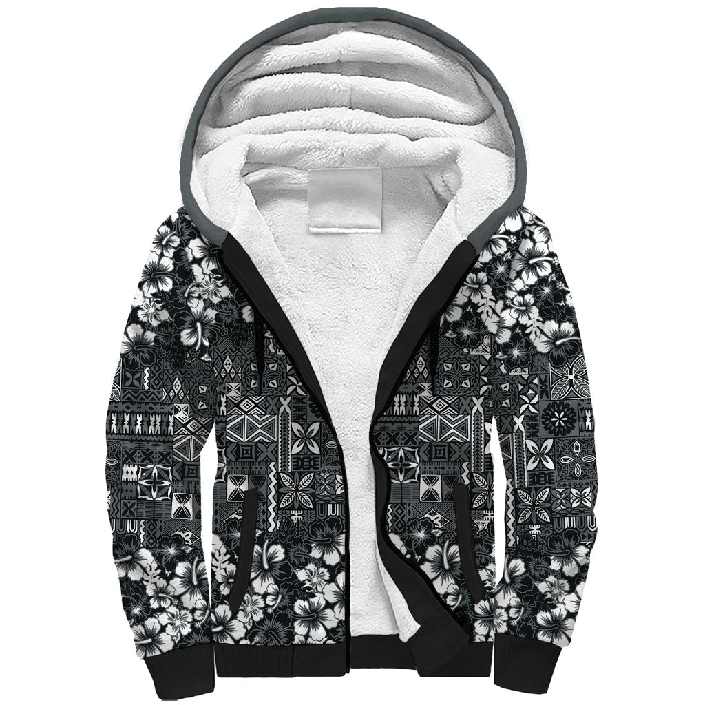 Black Hawaiian Tapa Tribal Hibiscus Sherpa Hoodie
