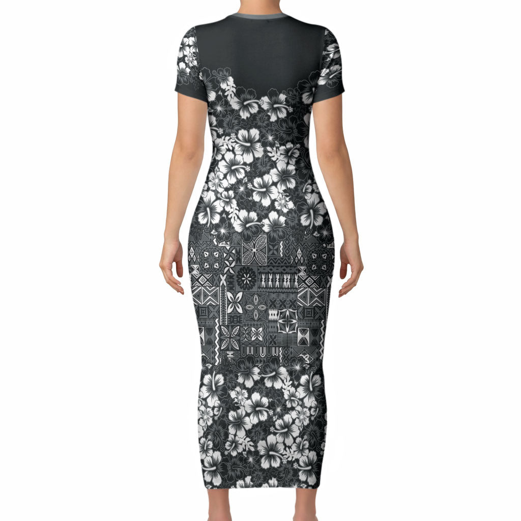 Black Hawaiian Tapa Tribal Hibiscus Short Sleeve Bodycon Dress