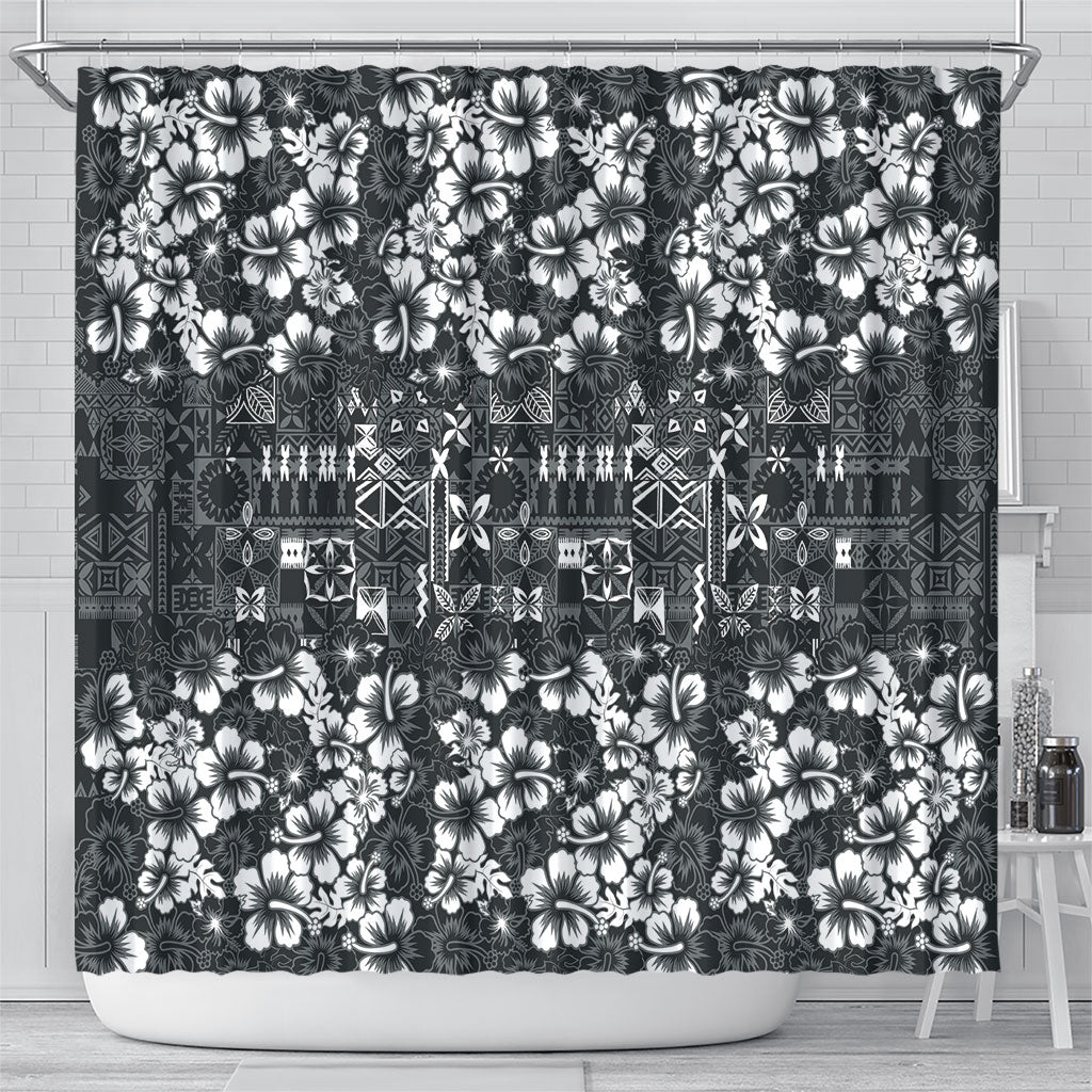 Black Hawaiian Tapa Tribal Hibiscus Shower Curtain