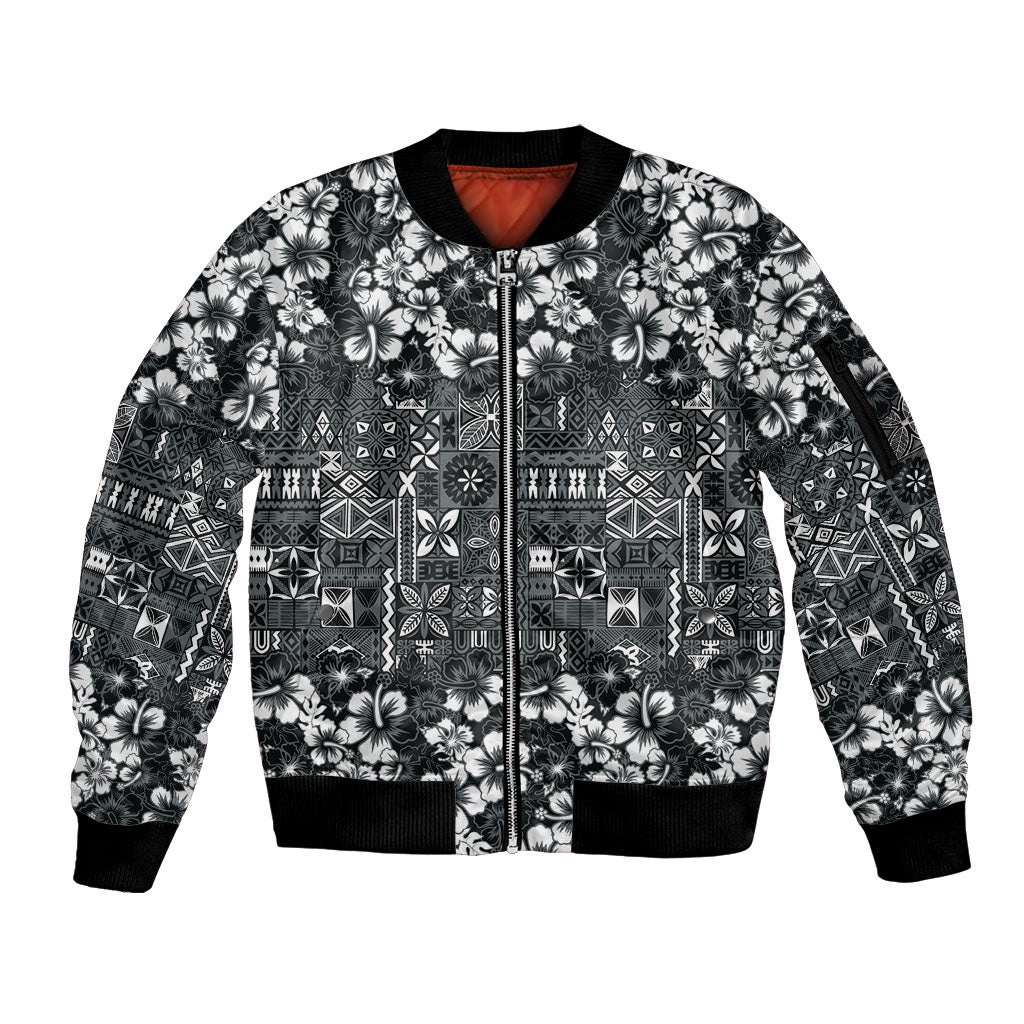 Black Hawaiian Tapa Tribal Hibiscus Sleeve Zip Bomber Jacket