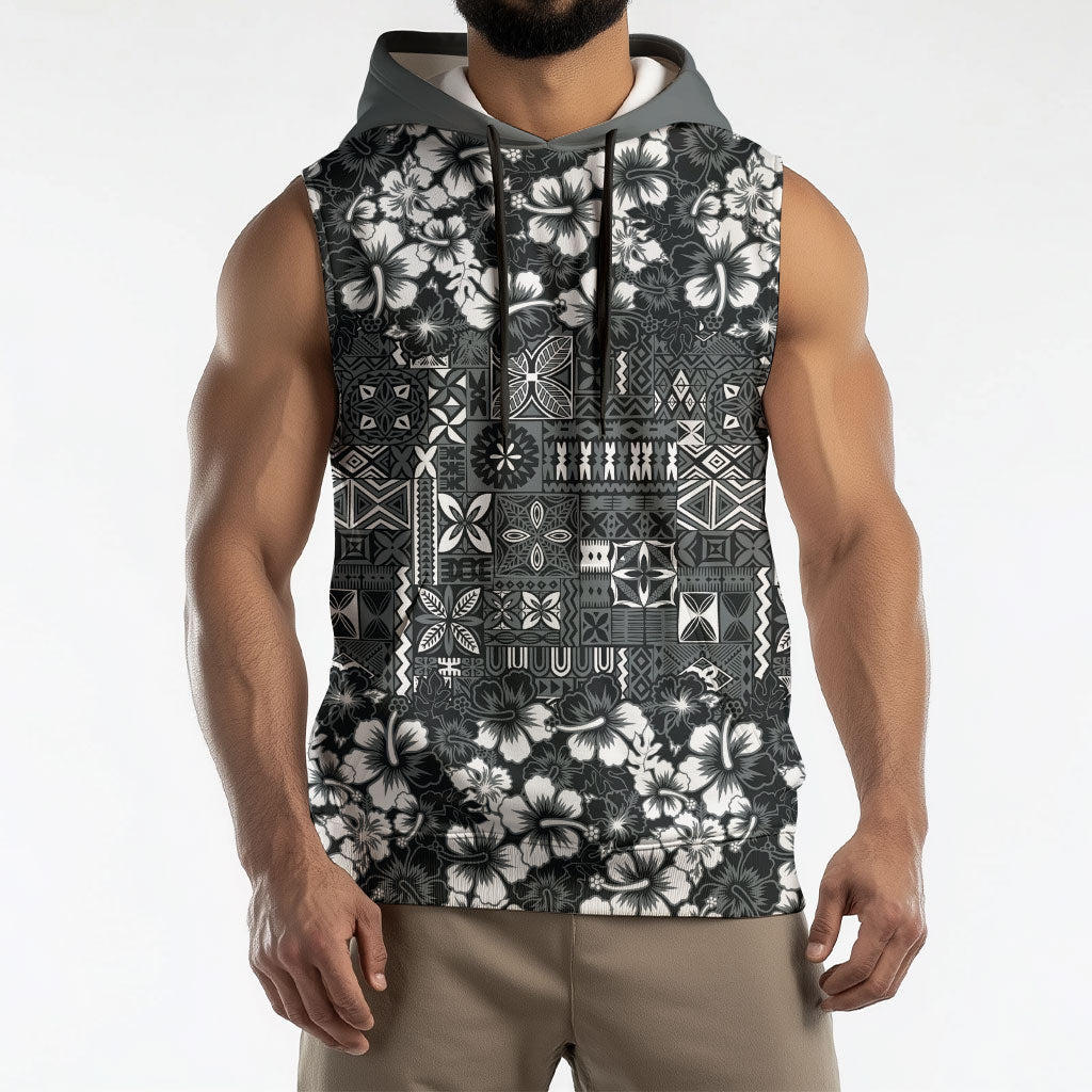 Black Hawaiian Tapa Tribal Hibiscus Sleeveless Hoodie