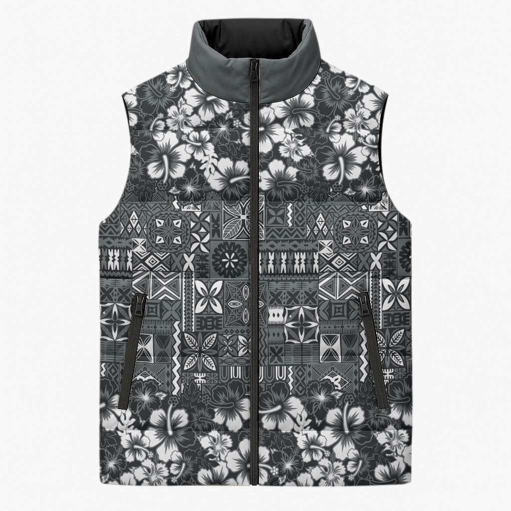 Black Hawaiian Tapa Tribal Hibiscus Sleeveless Puffer Jacket