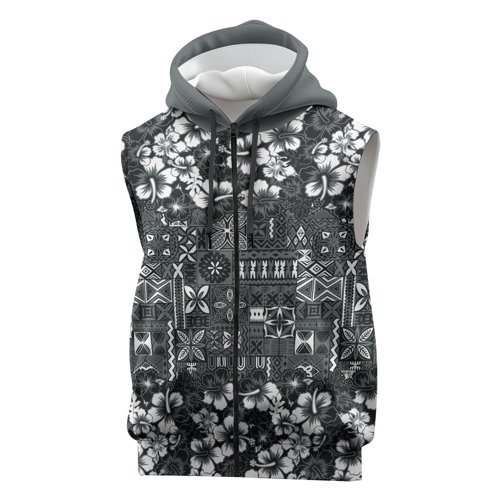 Black Hawaiian Tapa Tribal Hibiscus Sleeveless Zip Hoodie