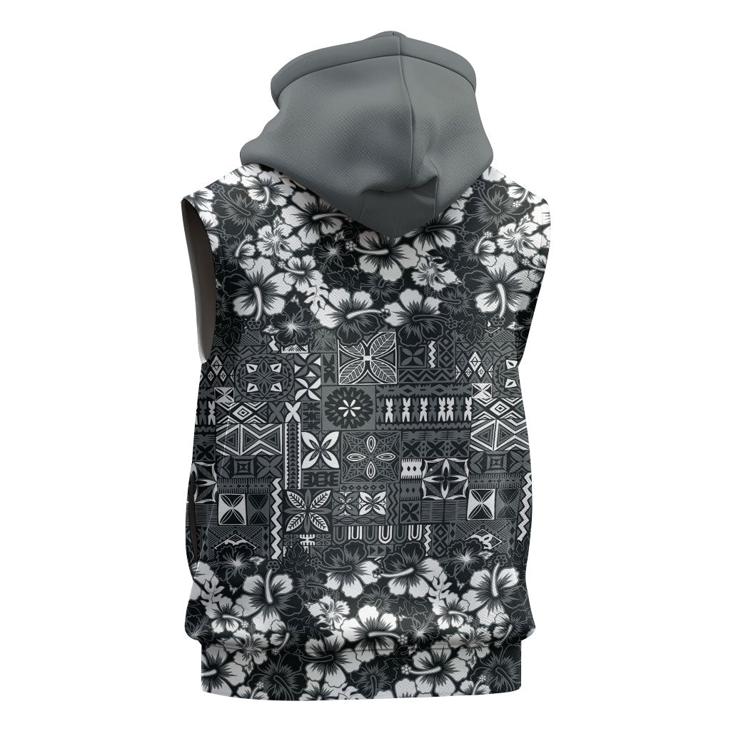 Black Hawaiian Tapa Tribal Hibiscus Sleeveless Zip Hoodie