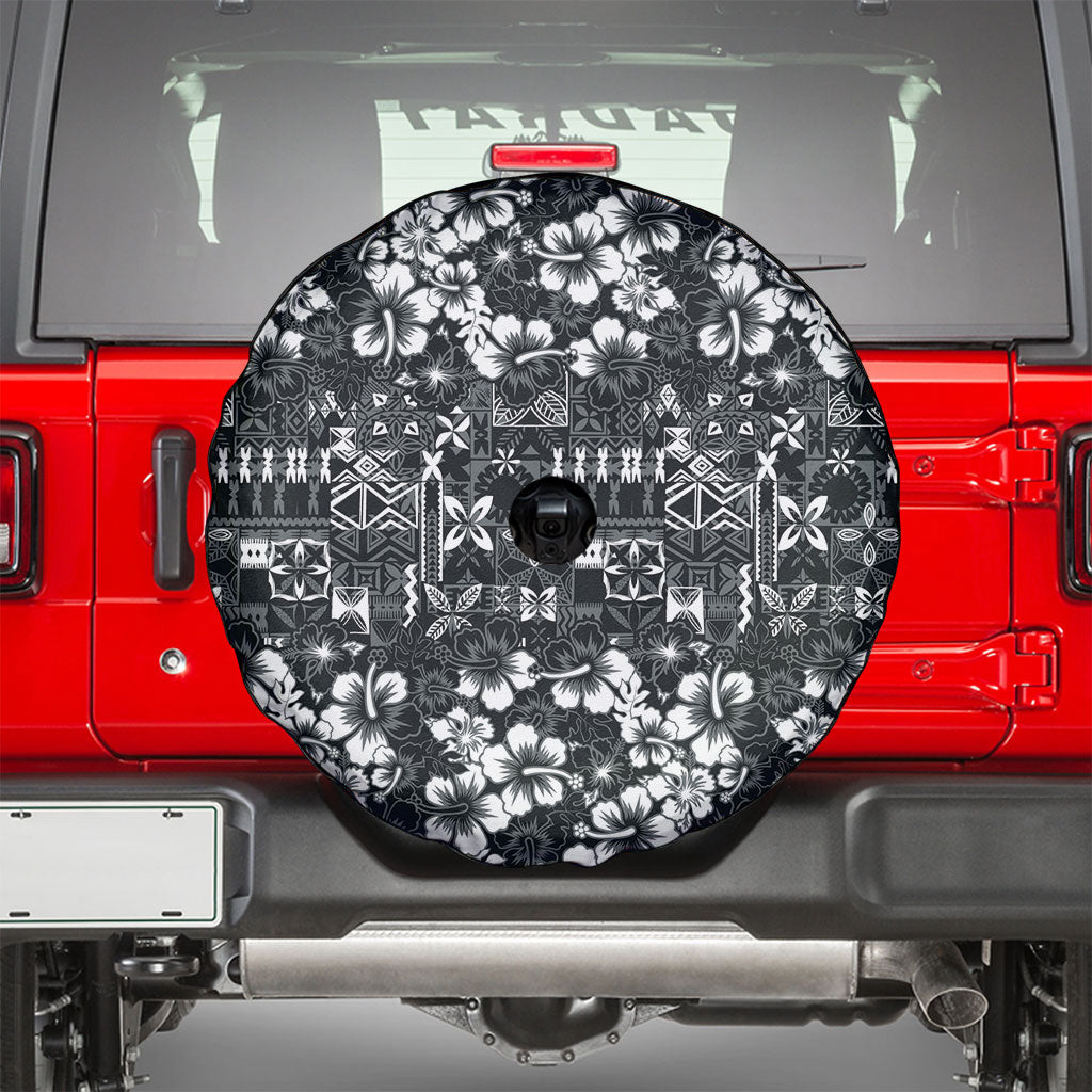 Black Hawaiian Tapa Tribal Hibiscus Spare Tire Cover