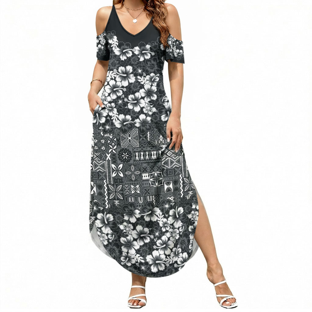 Black Hawaiian Tapa Tribal Hibiscus Summer Maxi Dress