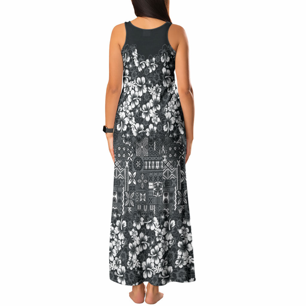 Black Hawaiian Tapa Tribal Hibiscus Tank Maxi Dress