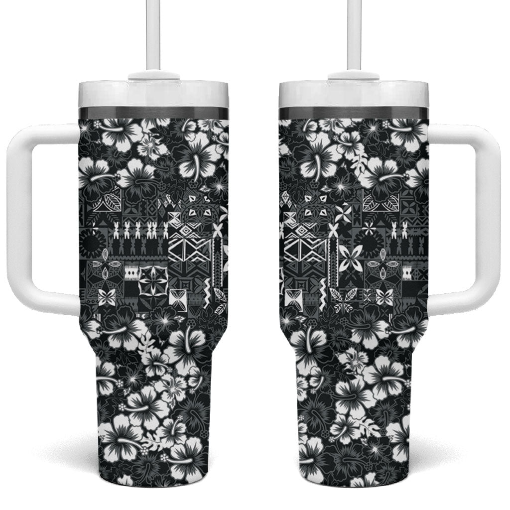 Black Hawaiian Tapa Tribal Hibiscus Tumbler With Handle