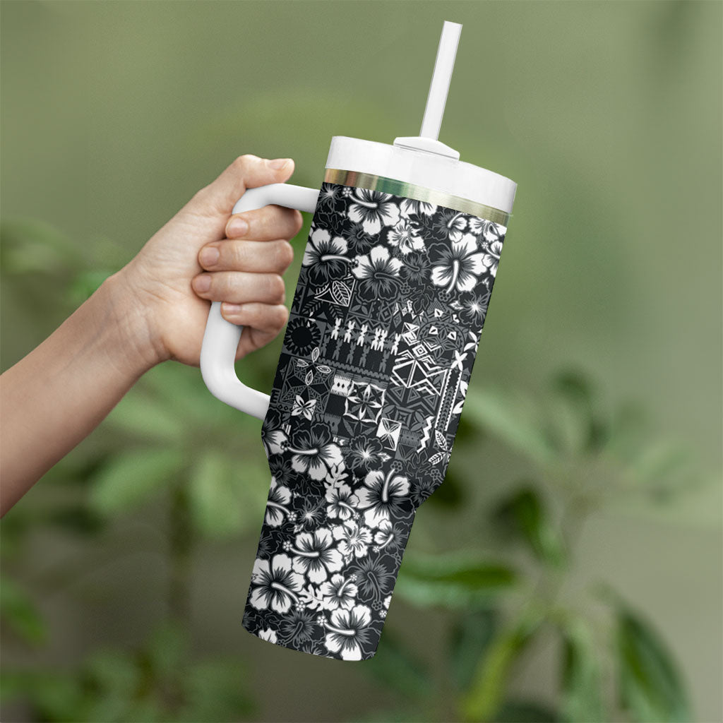Black Hawaiian Tapa Tribal Hibiscus Tumbler With Handle