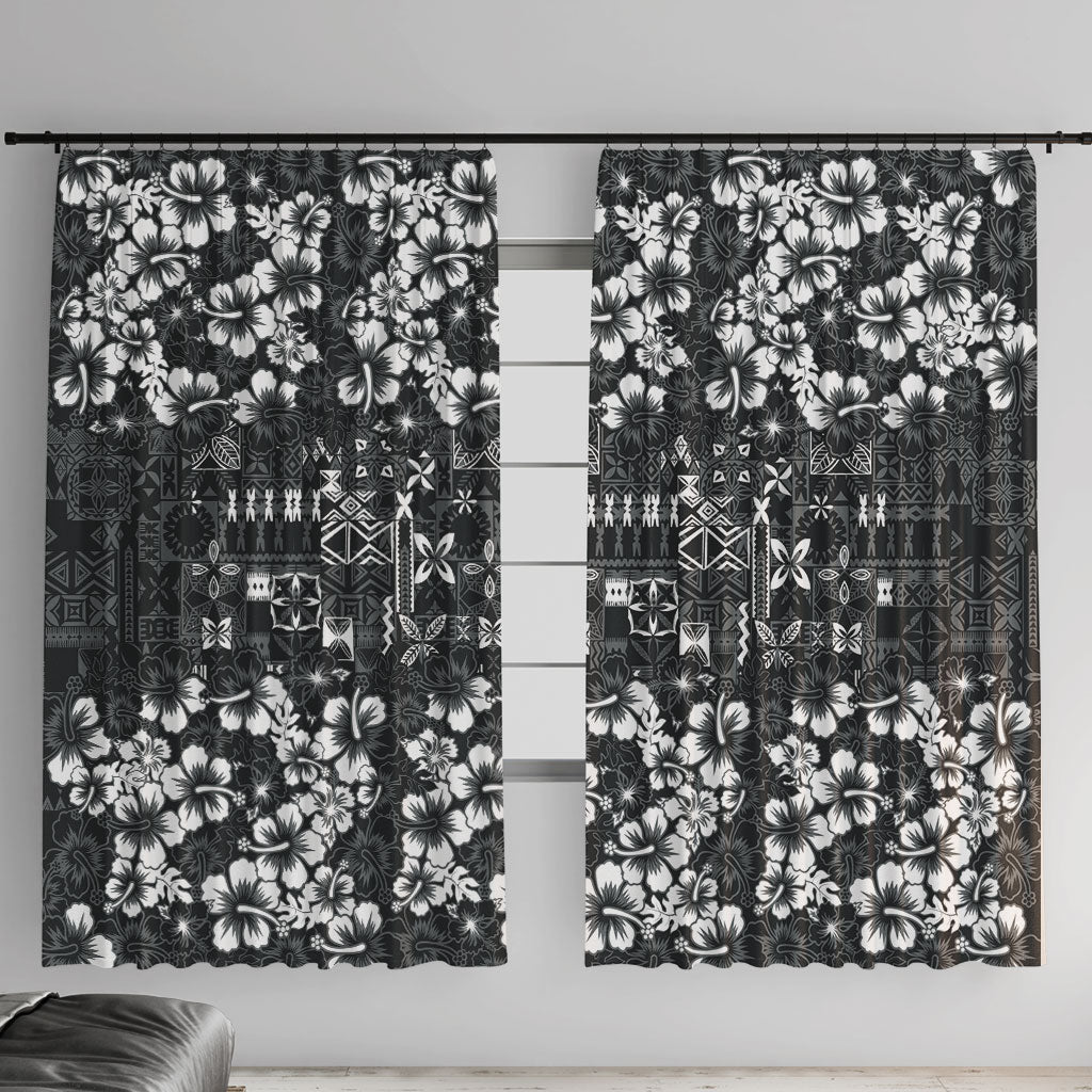 Black Hawaiian Tapa Tribal Hibiscus Window Curtain