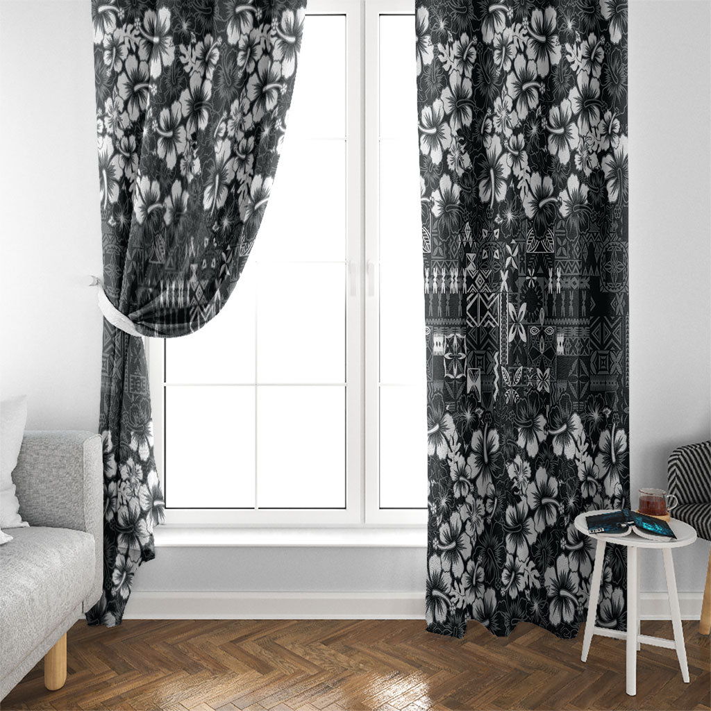 Black Hawaiian Tapa Tribal Hibiscus Window Curtain