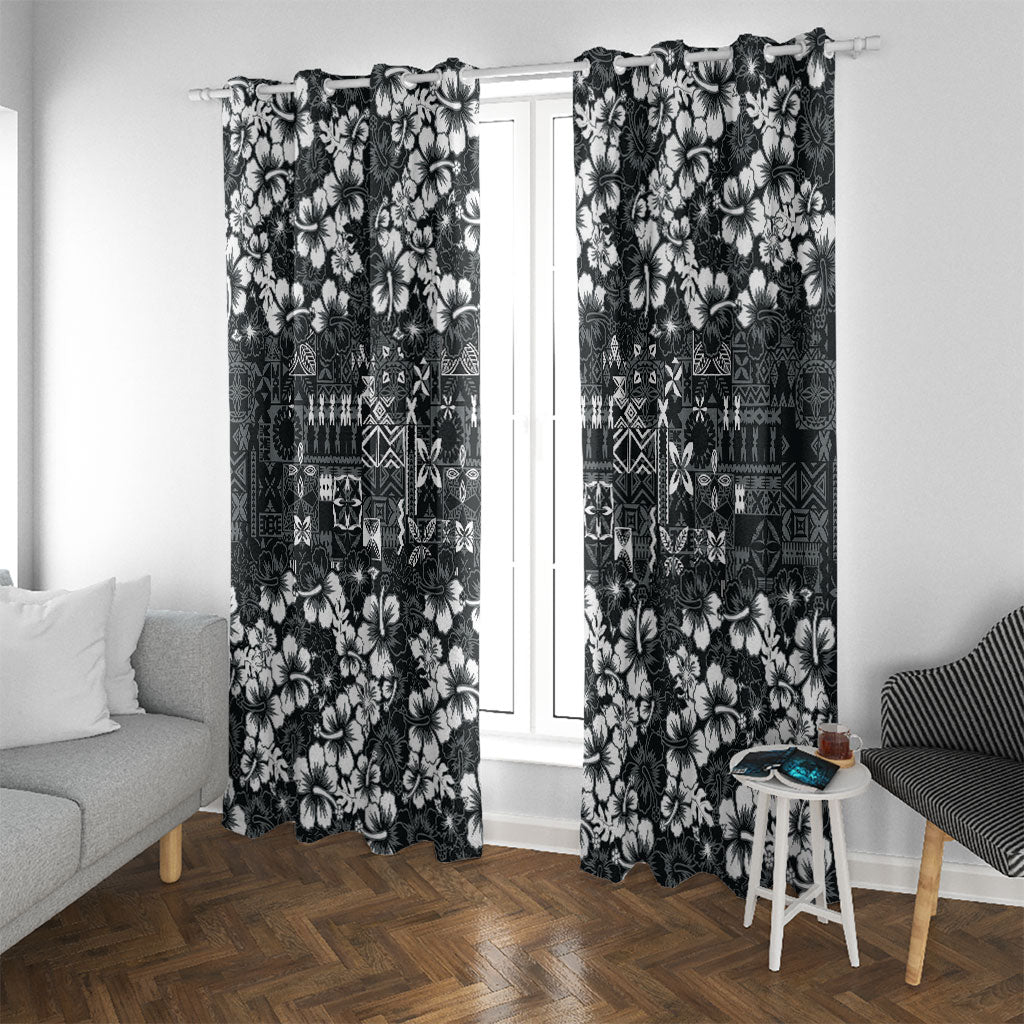 Black Hawaiian Tapa Tribal Hibiscus Window Curtain