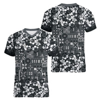 Black Hawaiian Tapa Tribal Hibiscus Women V-Neck T-Shirt