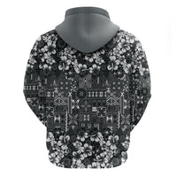 Black Hawaiian Tapa Tribal Hibiscus Zip Hoodie