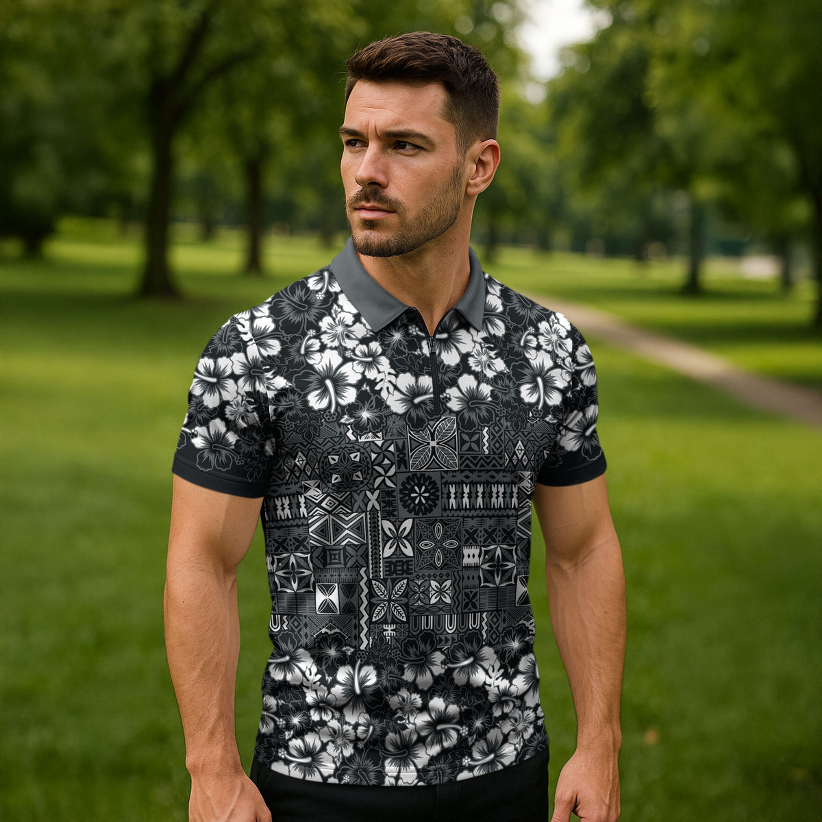 Black Hawaiian Tapa Tribal Hibiscus Zipper Polo Shirt
