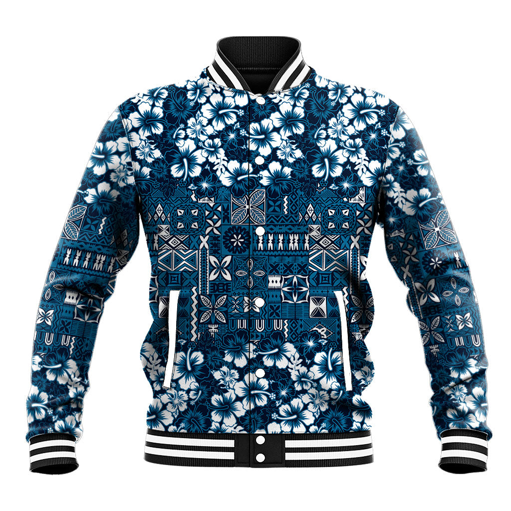 Blue Hawaiian Tapa Tribal Hibiscus Baseball Jacket