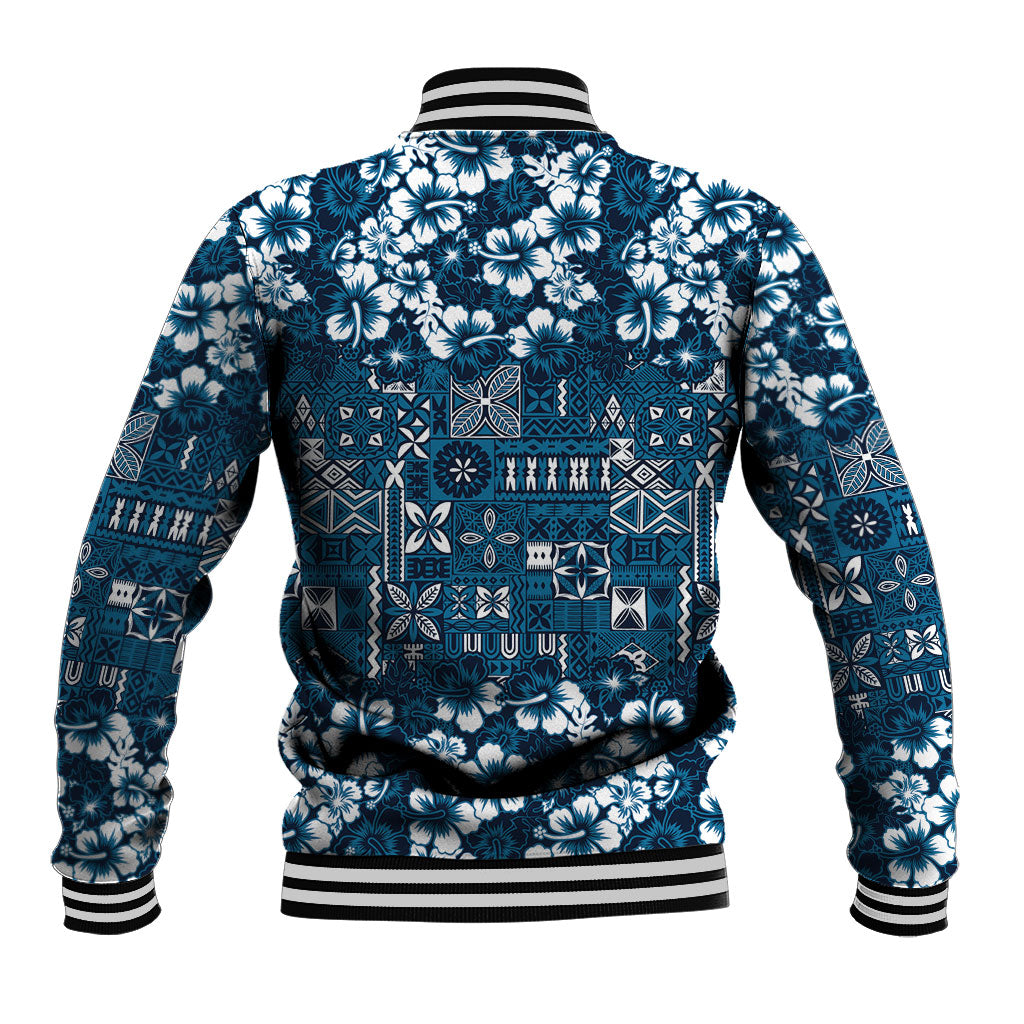Blue Hawaiian Tapa Tribal Hibiscus Baseball Jacket