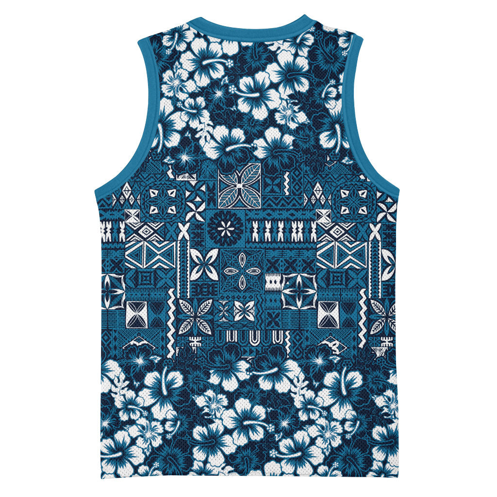 Blue Hawaiian Tapa Tribal Hibiscus Basketball Jersey