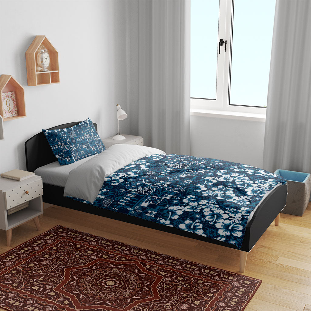 Blue Hawaiian Tapa Tribal Hibiscus Bedding Set
