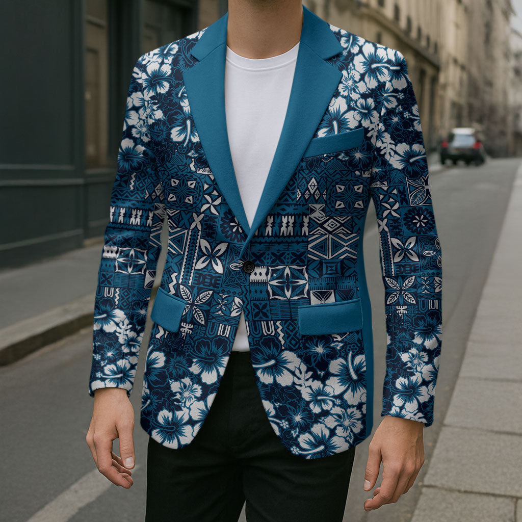 Blue Hawaiian Tapa Tribal Hibiscus Blazer