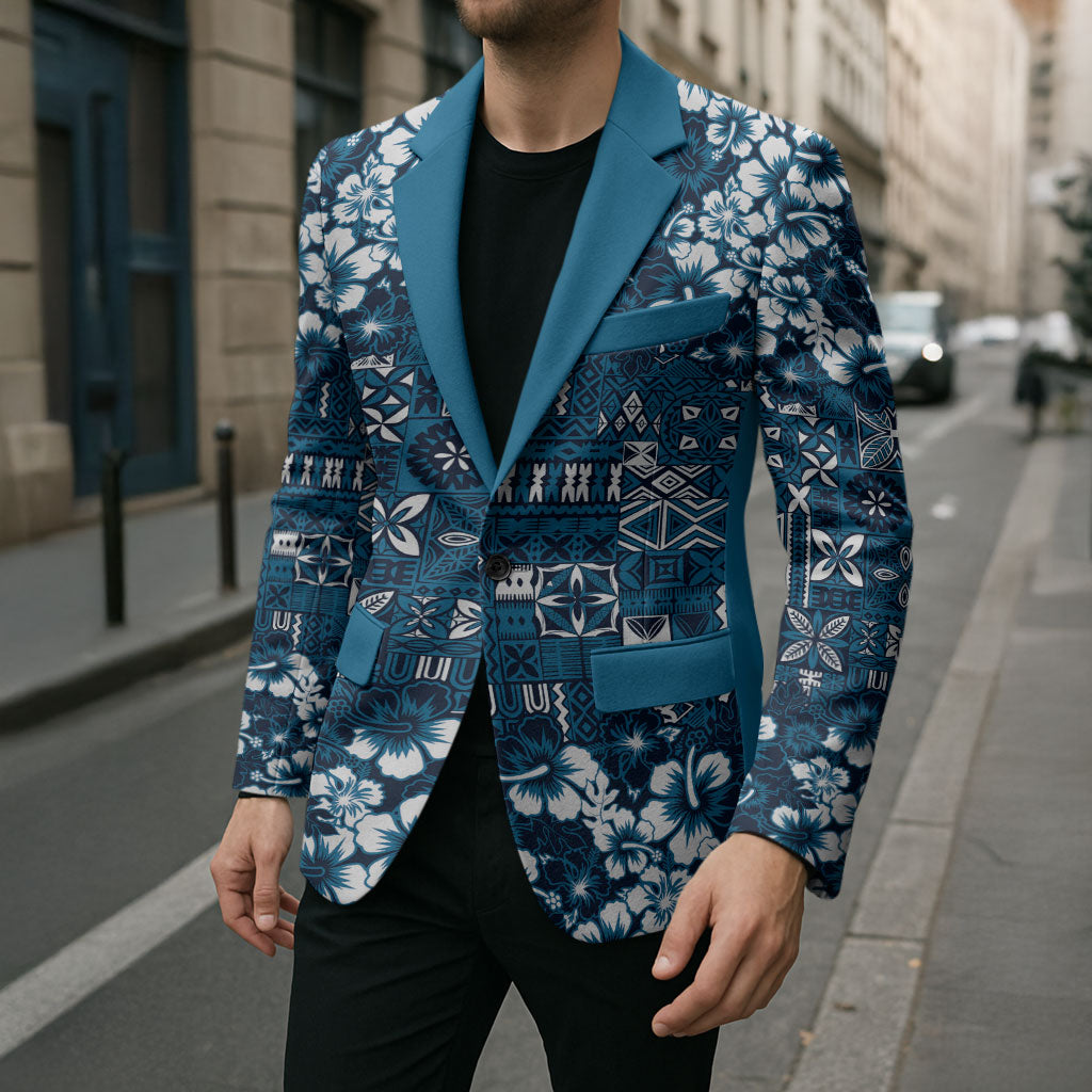 Blue Hawaiian Tapa Tribal Hibiscus Blazer