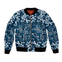 Blue Hawaiian Tapa Tribal Hibiscus Bomber Jacket