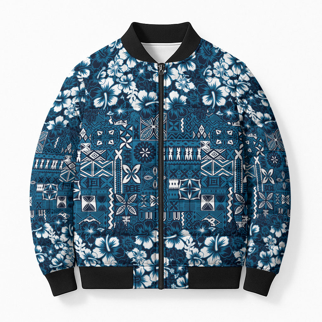 Blue Hawaiian Tapa Tribal Hibiscus Bomber Puffer Jacket LT9 Unisex Blue - Polynesian Pride