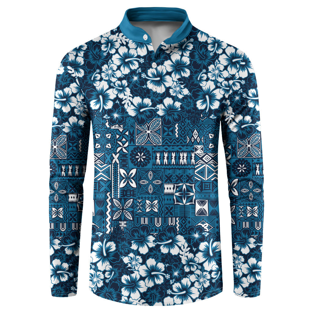 Blue Hawaiian Tapa Tribal Hibiscus Button Sweatshirt