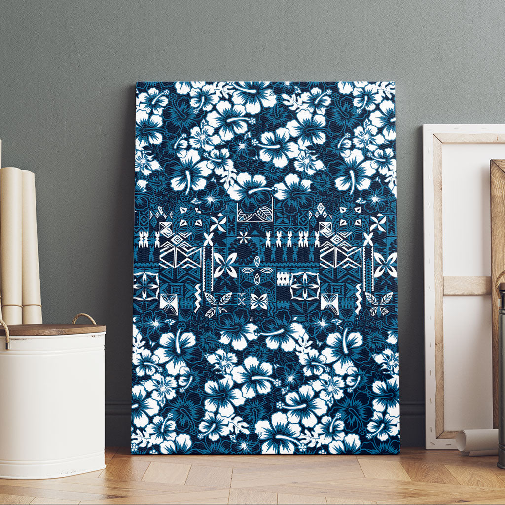 Blue Hawaiian Tapa Tribal Hibiscus Canvas Wall Art