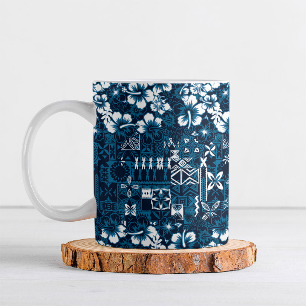 Blue Hawaiian Tapa Tribal Hibiscus Ceramic Mug