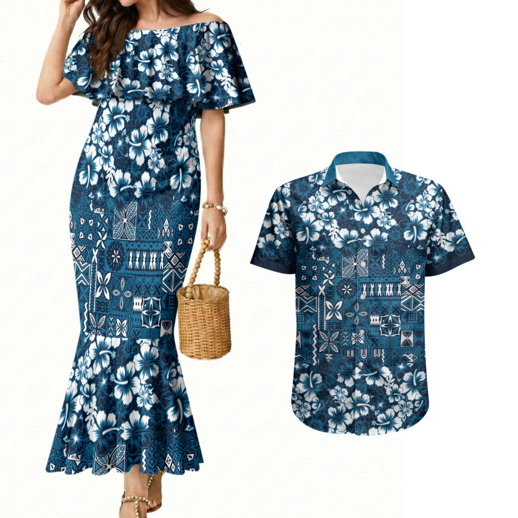 Blue Hawaiian Tapa Tribal Hibiscus Couples Matching Mermaid Dress and Hawaiian Shirt