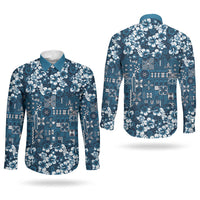 Blue Hawaiian Tapa Tribal Hibiscus Couples Matching Off Shoulder Maxi Dress and Long Sleeve Button Shirt