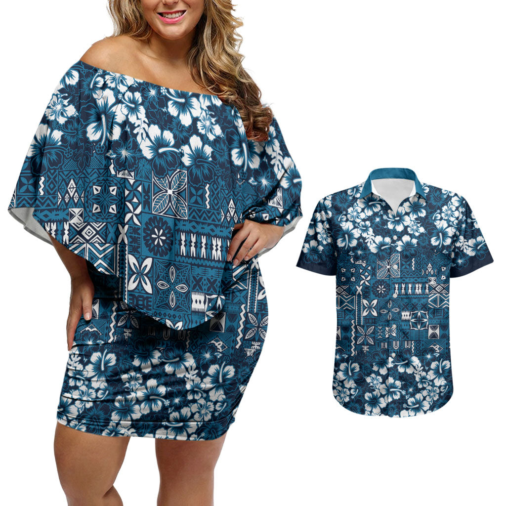 Blue Hawaiian Tapa Tribal Hibiscus Couples Matching Off Shoulder Short Dress and Hawaiian Shirt