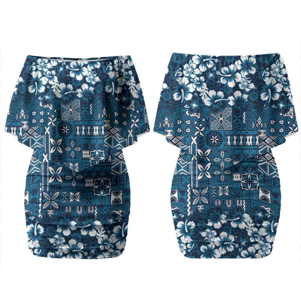 Blue Hawaiian Tapa Tribal Hibiscus Couples Matching Off Shoulder Short Dress and Hawaiian Shirt