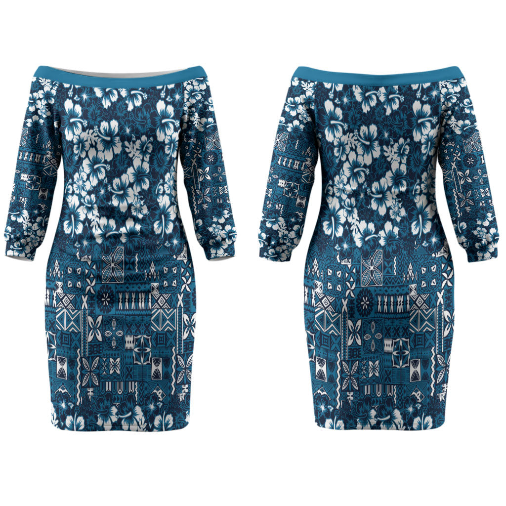 Blue Hawaiian Tapa Tribal Hibiscus Couples Matching Off The Shoulder Long Sleeve Dress and Long Sleeve Button Shirt